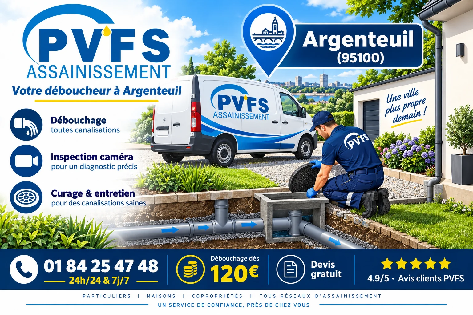 Illustration PVFS : débouchage à Argenteuil (95100), dès 120 €, disponible 24h/24