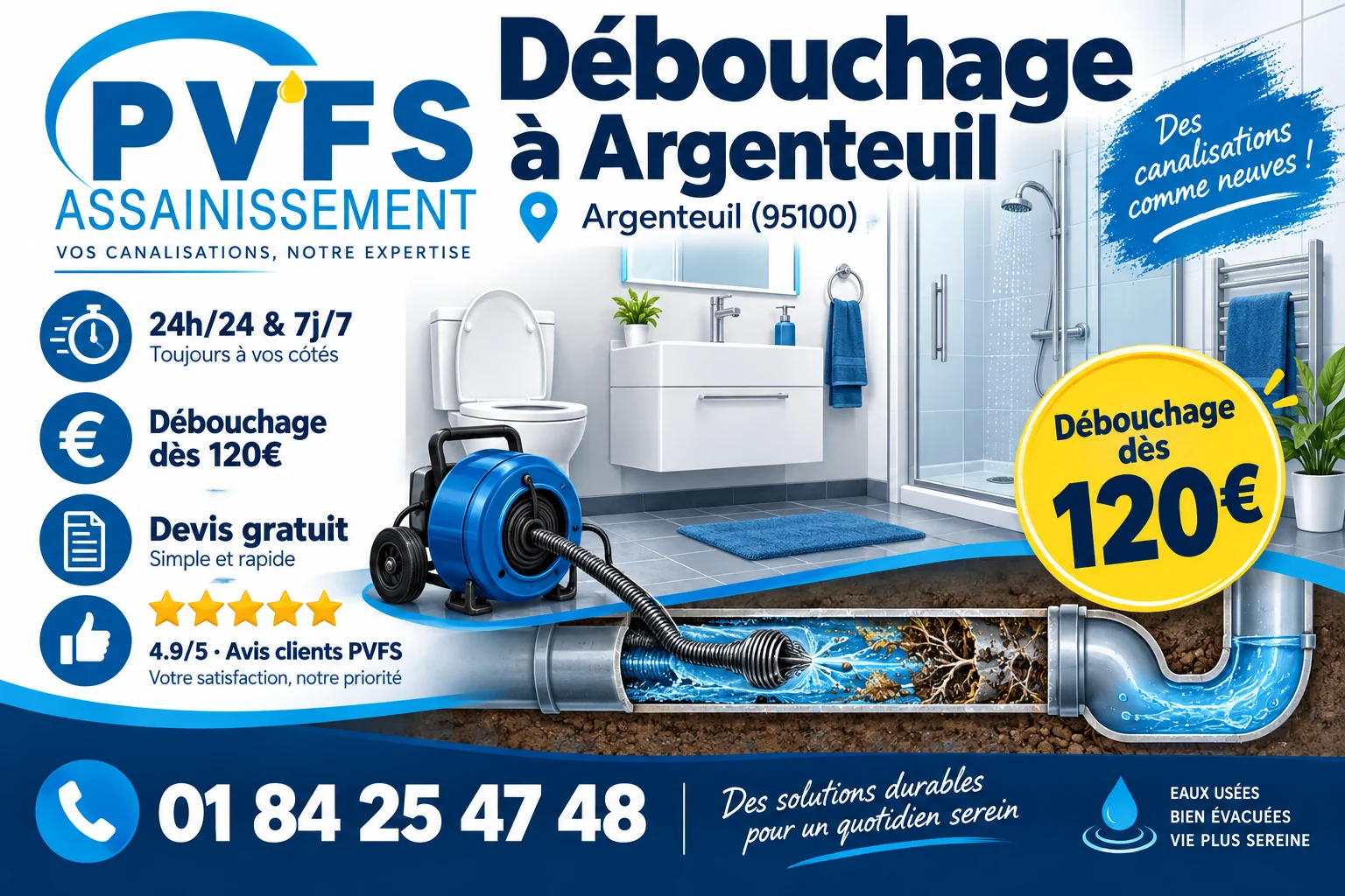 Illustration PVFS : débouchage à Argenteuil (95100), dès 120 €, disponible 24h/24
