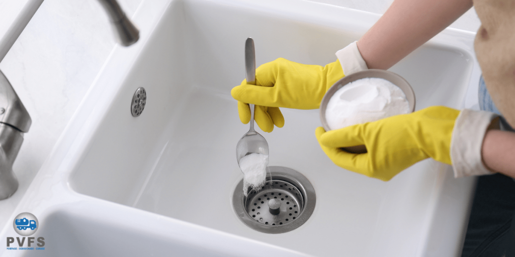 [Image of Dosage et mélange de bicarbonate de soude et vinaigre blanc pour déboucher une canalisation]